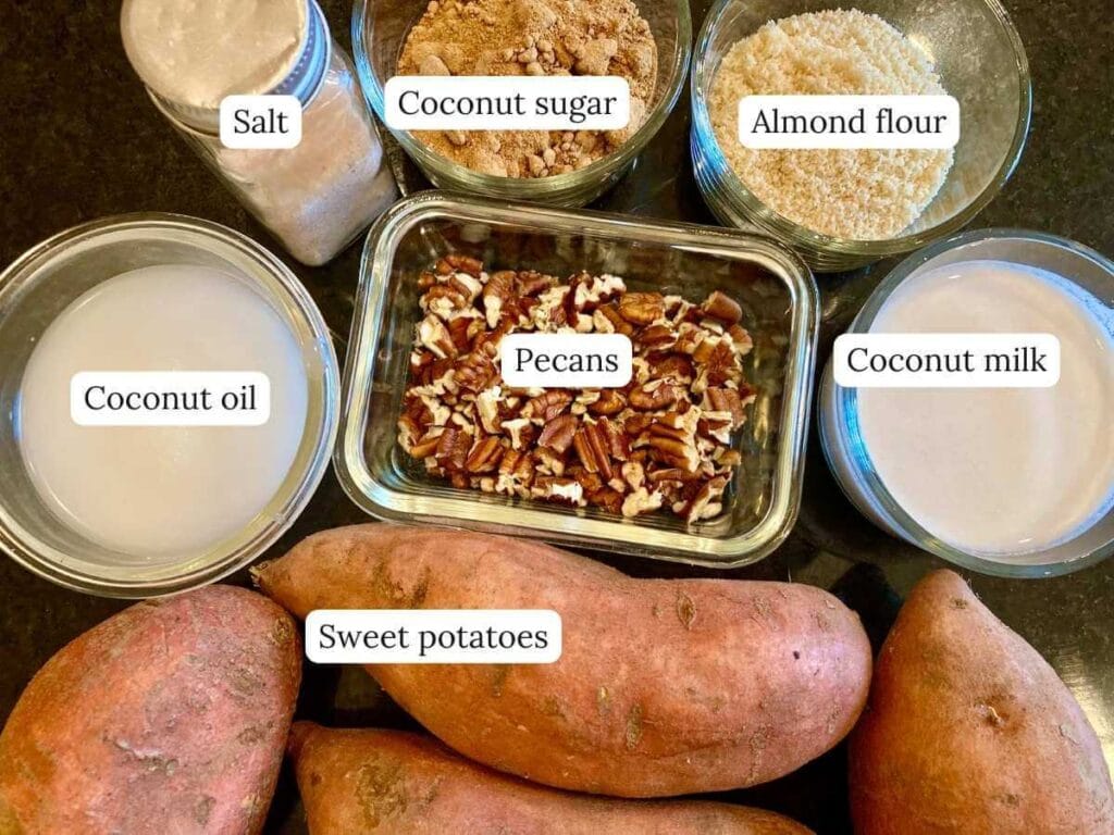 Ingredients for gluten-free sweet potato casserole on a counter.