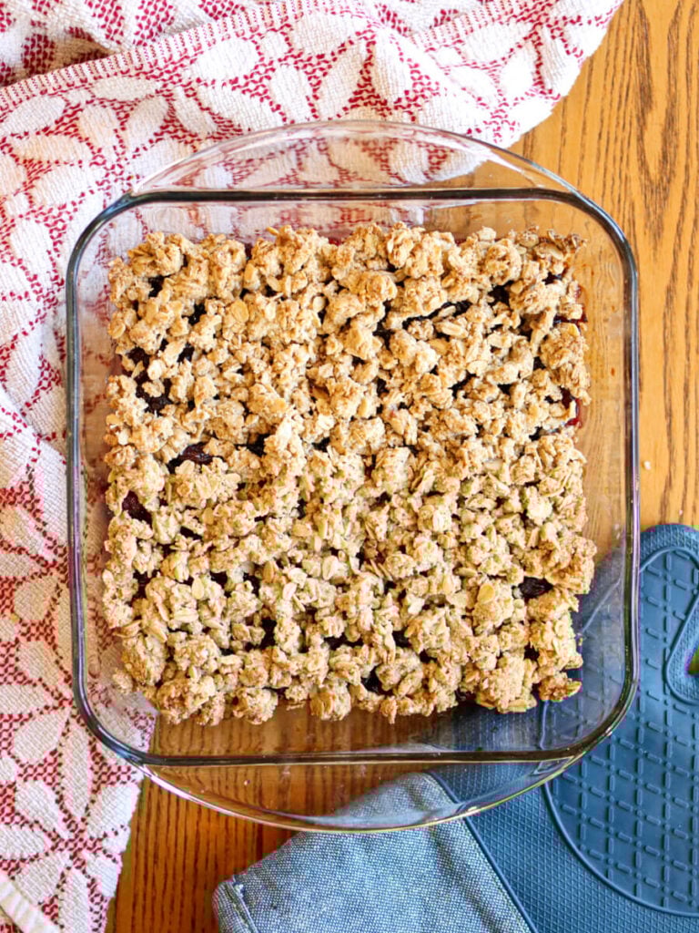 Cranberry bars with leftover cranberry sauce right out of the oven.