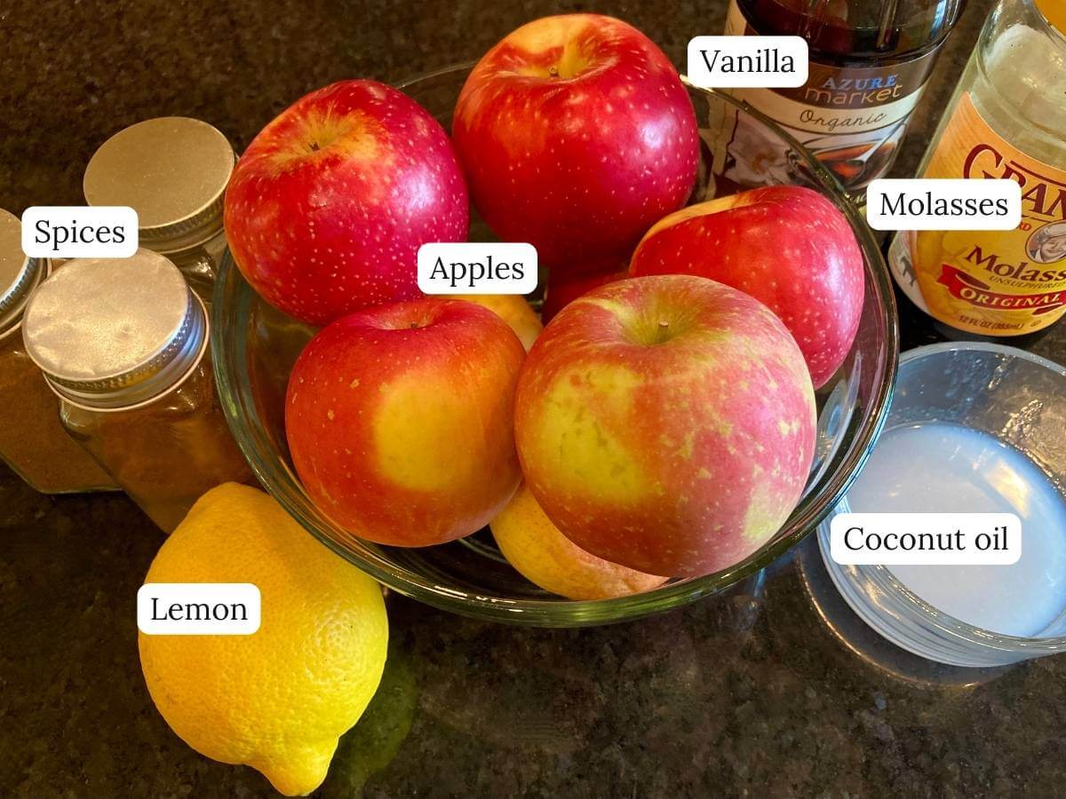 Ingredients for healthy fried apples on a counter.