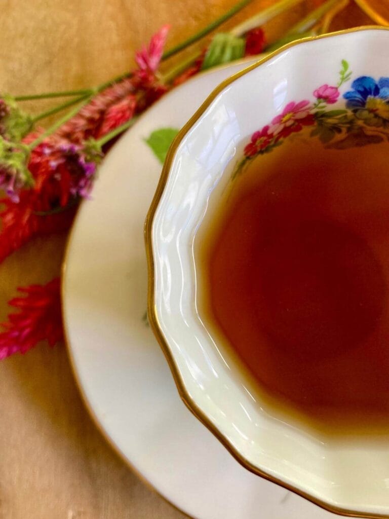 Closeup of NORA tea in a teacup.