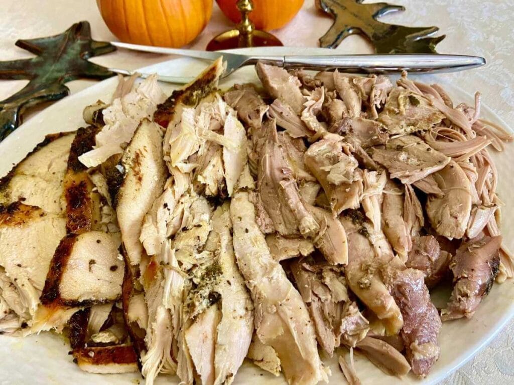 Plate of carved turkey meat.