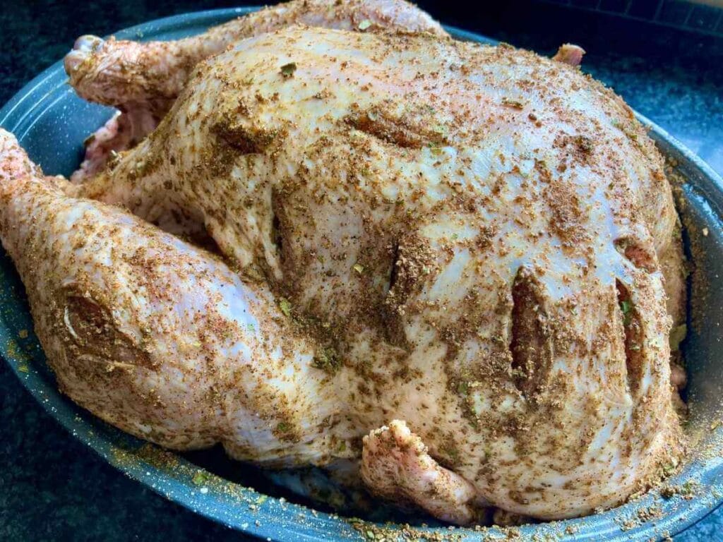 Turkey in a roasting pan with seasonings on it.