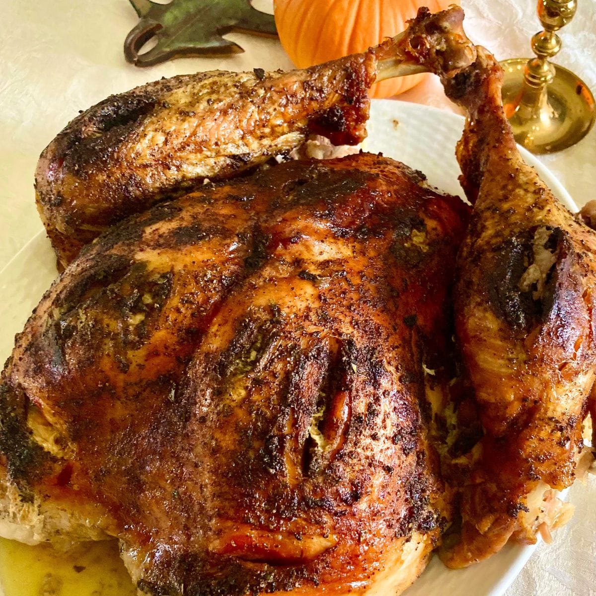 Thanksgiving turkey on a serving dish.