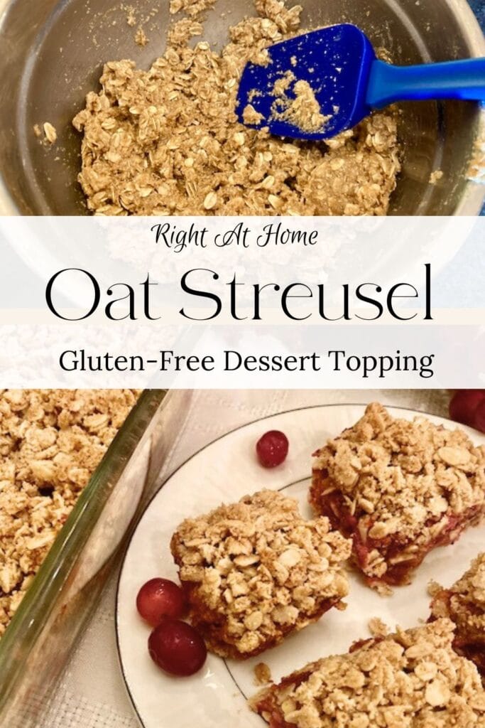 Oat streusel in mixing bowl and cranberry bars with streusel topping
