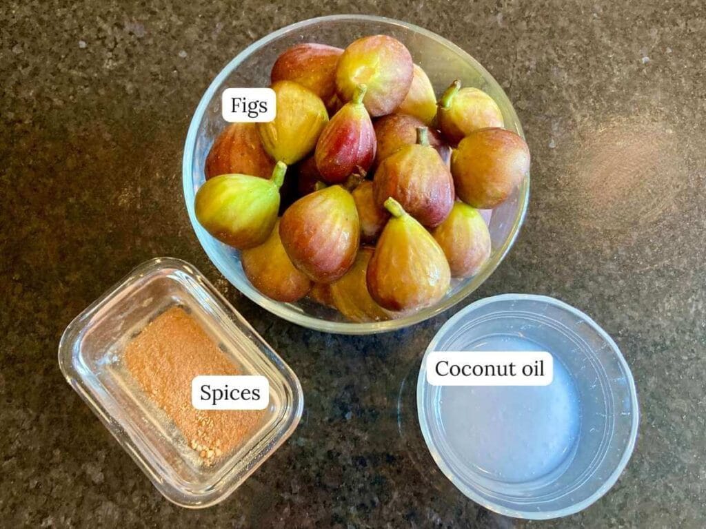 Ingredients for roasted figs on a counter.