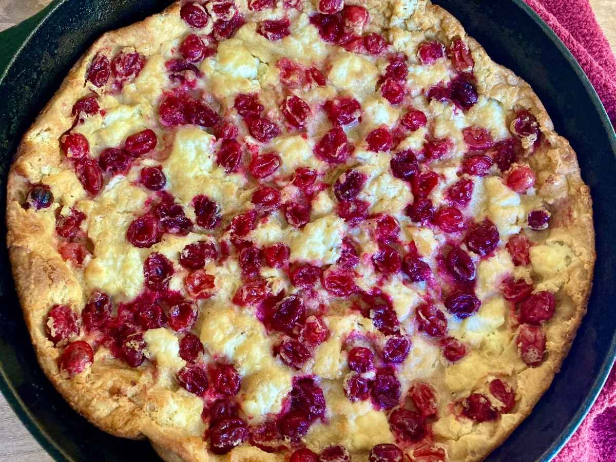 cranberry cheesecake dutch baby fresh out of the oven