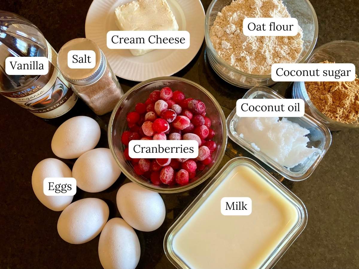 Ingredients for cranberry cheesecake dutch baby on counter