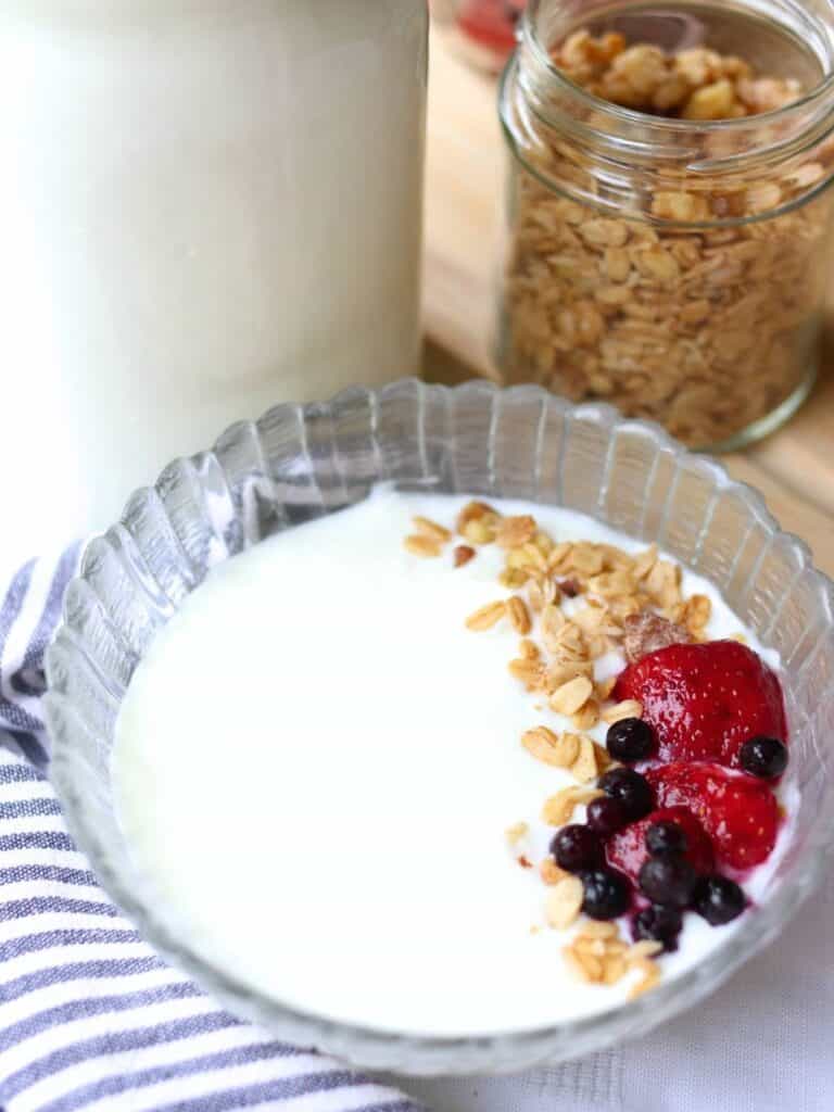 A glass bowl of homemade yogurt topped with granola, strawberries, and blueberries on a striped napkin. Behind it is a jar of granola and a jar of yogurt.