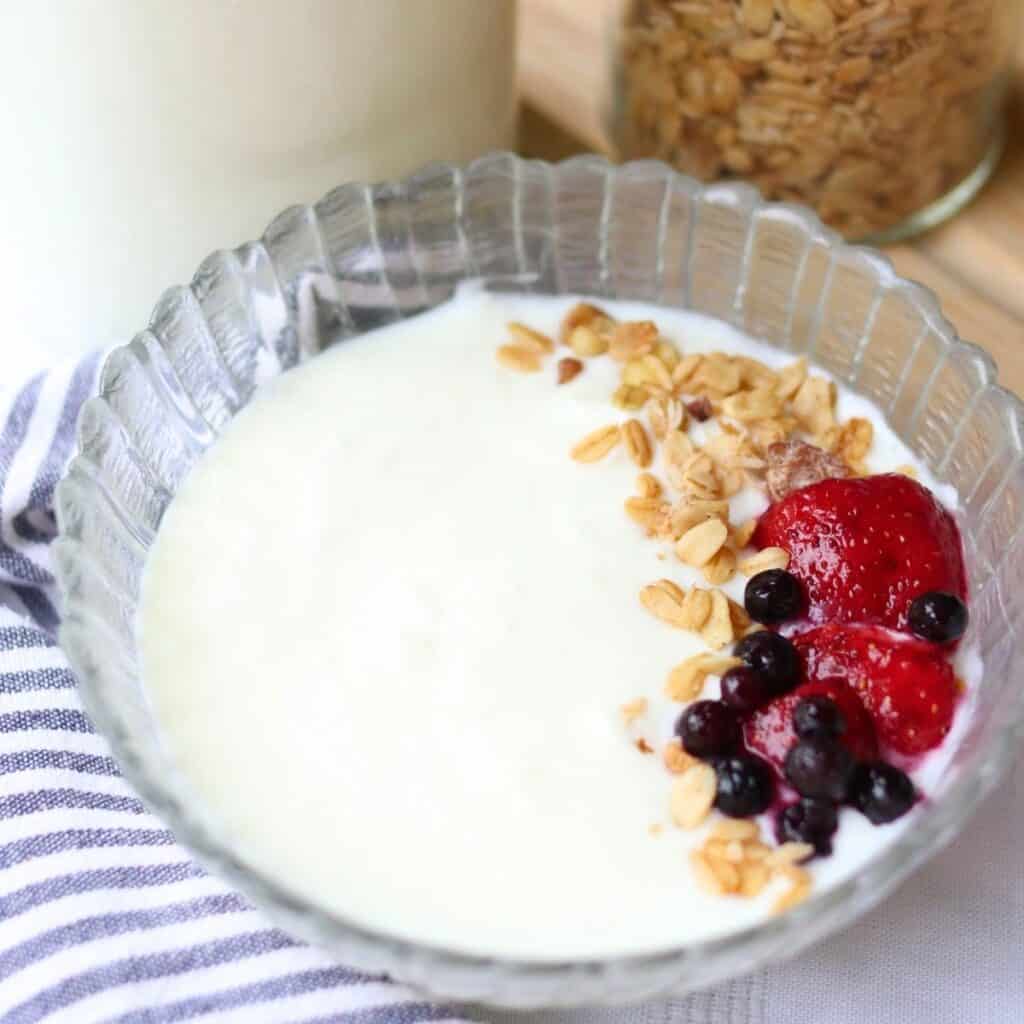 A glass bowl of homemade yogurt topped with granola, strawberries, and blueberries on a striped napkin. Nearby is a jar of granola.