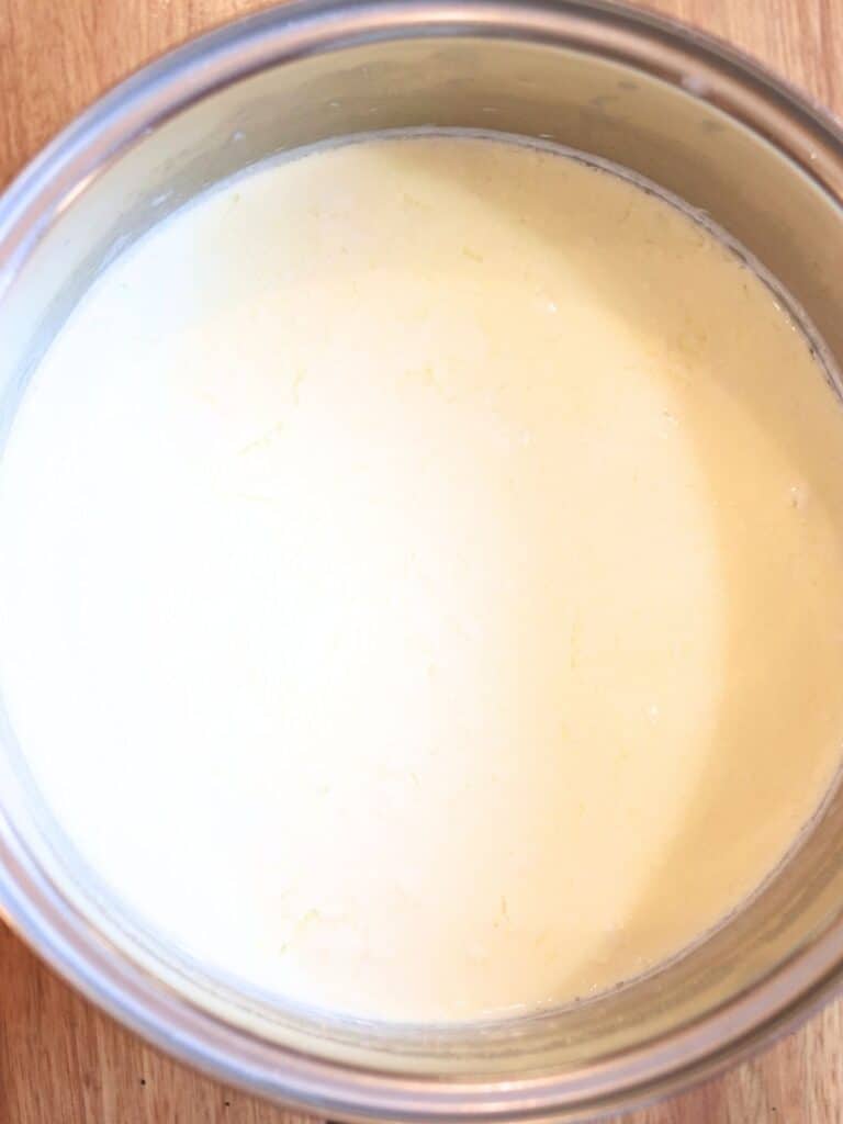 Fresh homemade yogurt with the whey on top in a stainless steel pot.