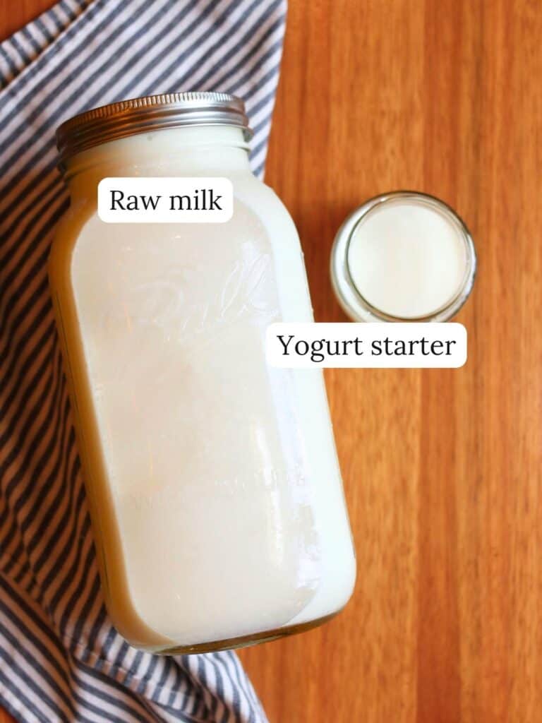 A large glass jar of raw milk and a small glass container of yogurt starter sit on a wooden table with a striped cloth.