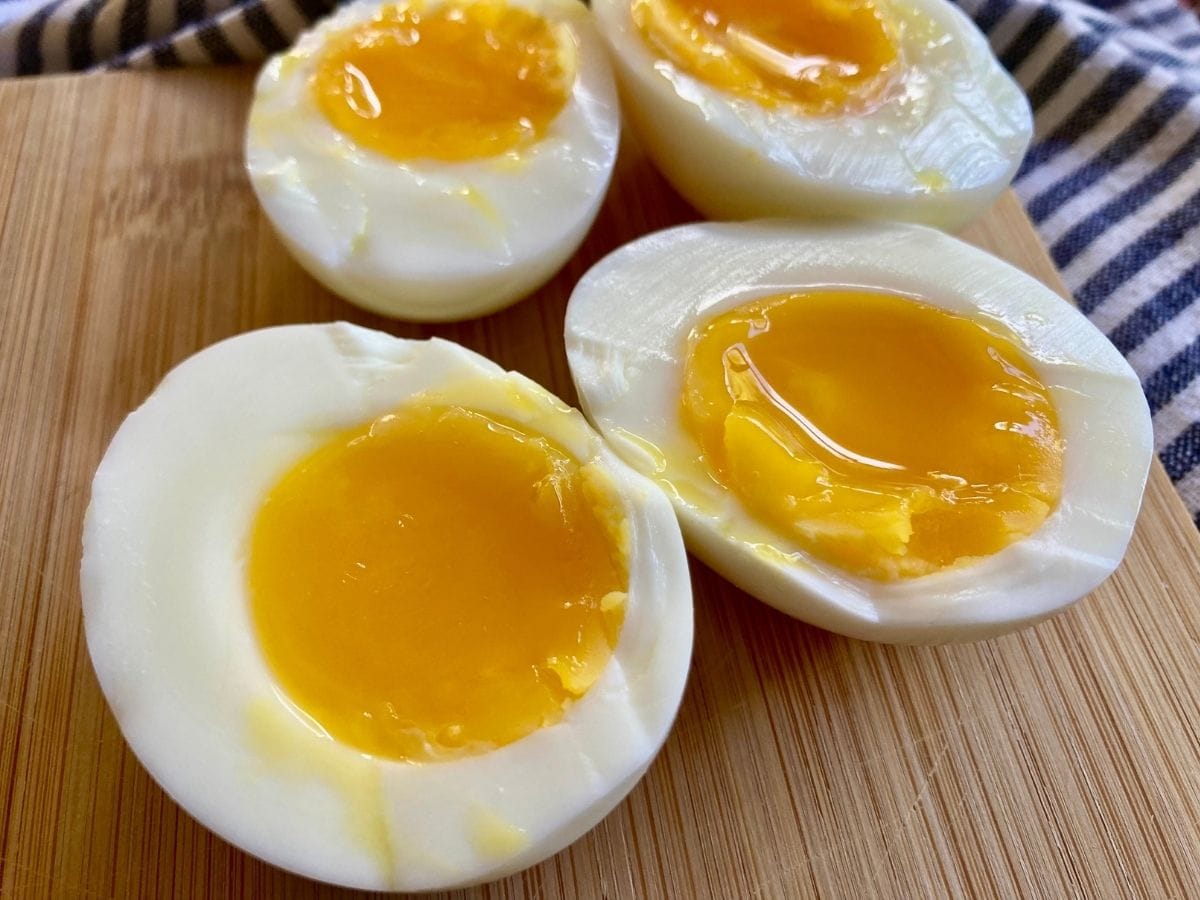 closeup of medium boiled egg halves