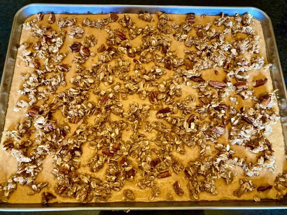 Pumpkin Crisp Sheet-Pan Pancakes unbaked in pan