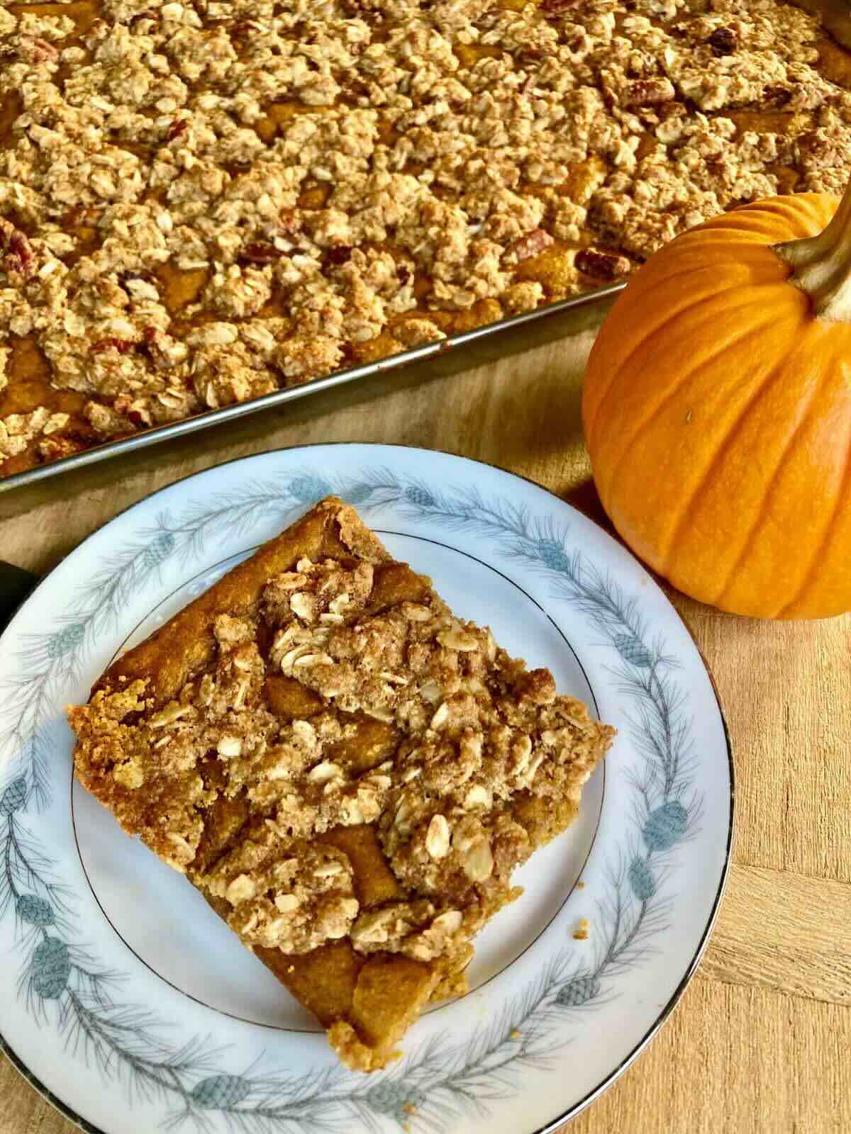 slice of Pumpkin Crisp Sheet-Pan Pancakes on plate