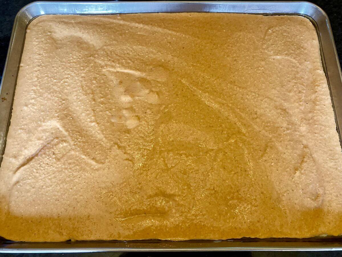 Pumpkin Crisp Sheet-Pan Pancake batter in pan