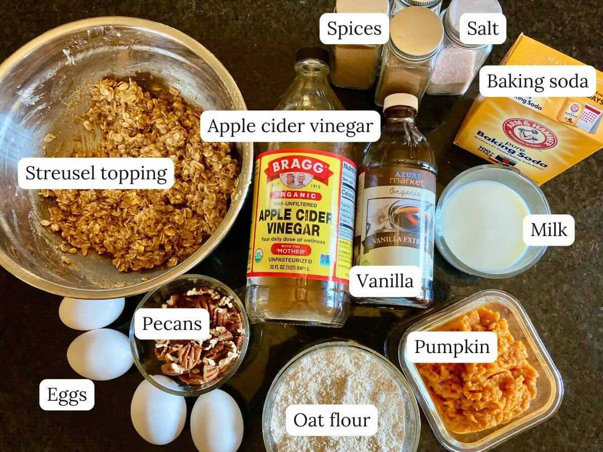 Ingredients for Pumpkin Crisp Sheet-Pan Pancakes on counter