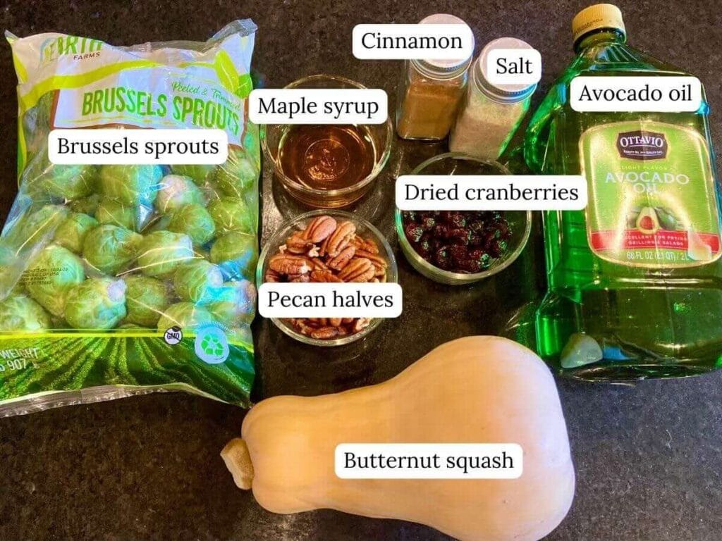 Ingredients for Roasted Brussels Sprouts and Butternut Squash on counter