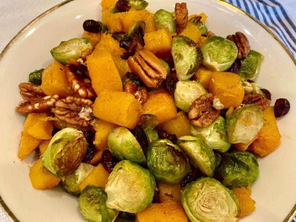Roasted Brussels Sprouts and Butternut Squash Bowl of roasted Brussels sprouts and butternut squash