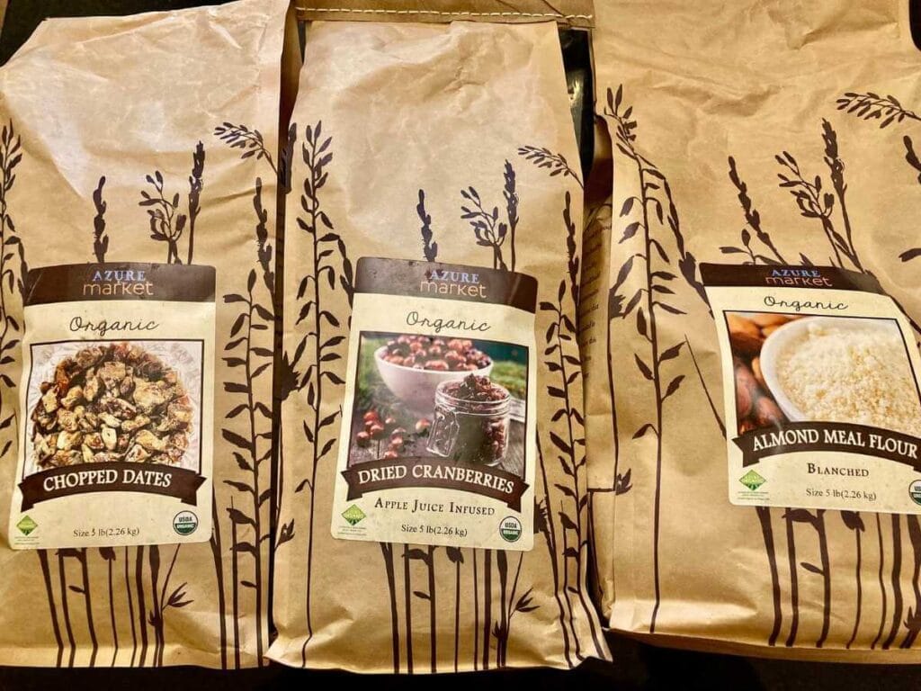 Bags of Azure Standard dates, cranberries, and coconut