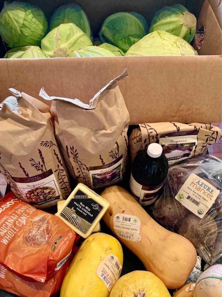 Azure standard grocery haul on counter