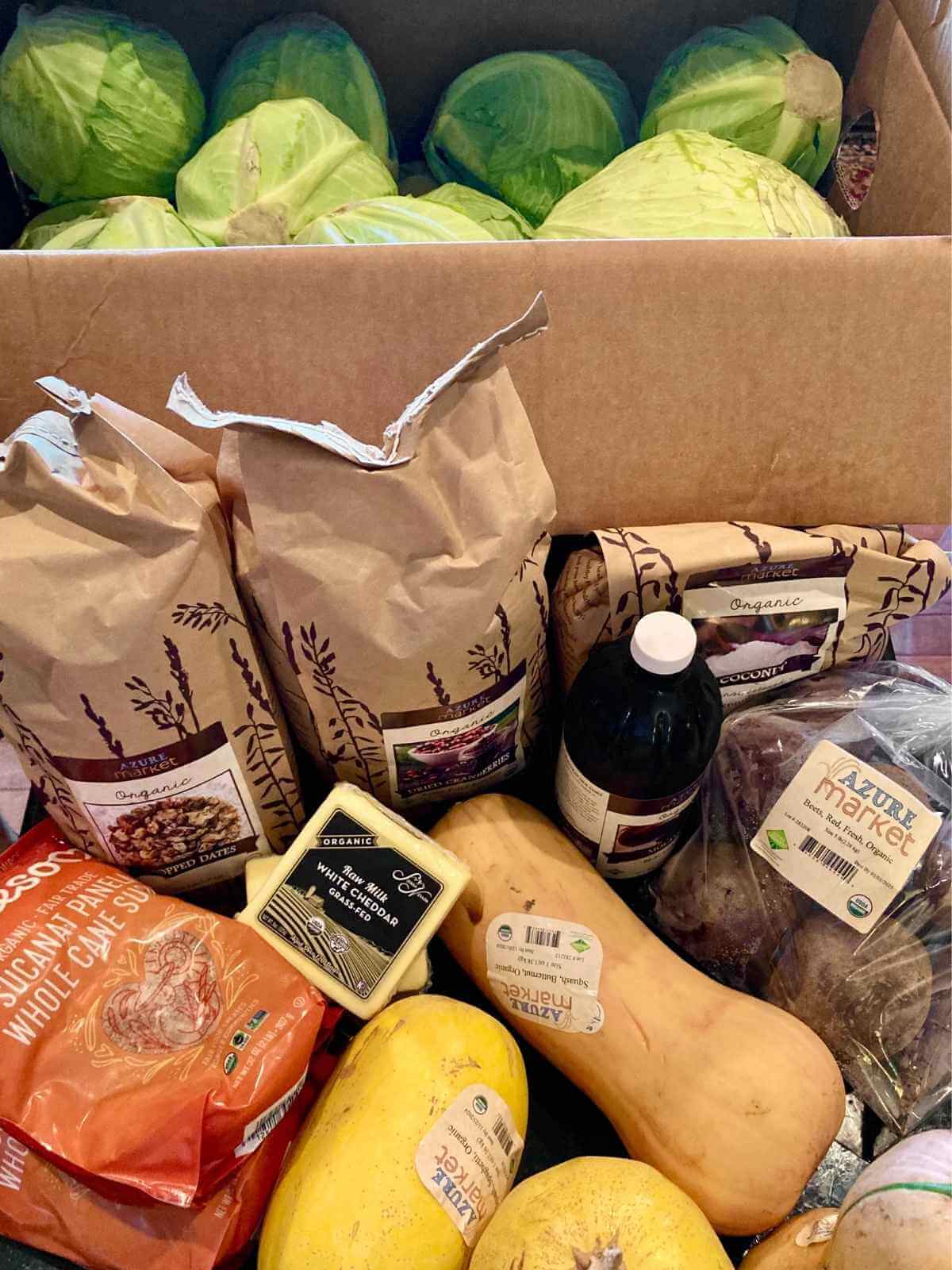 Azure standard grocery haul on counter