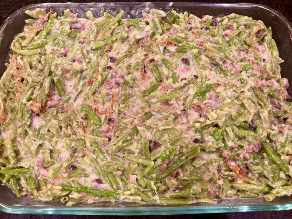 Green bean mixture in baking dish