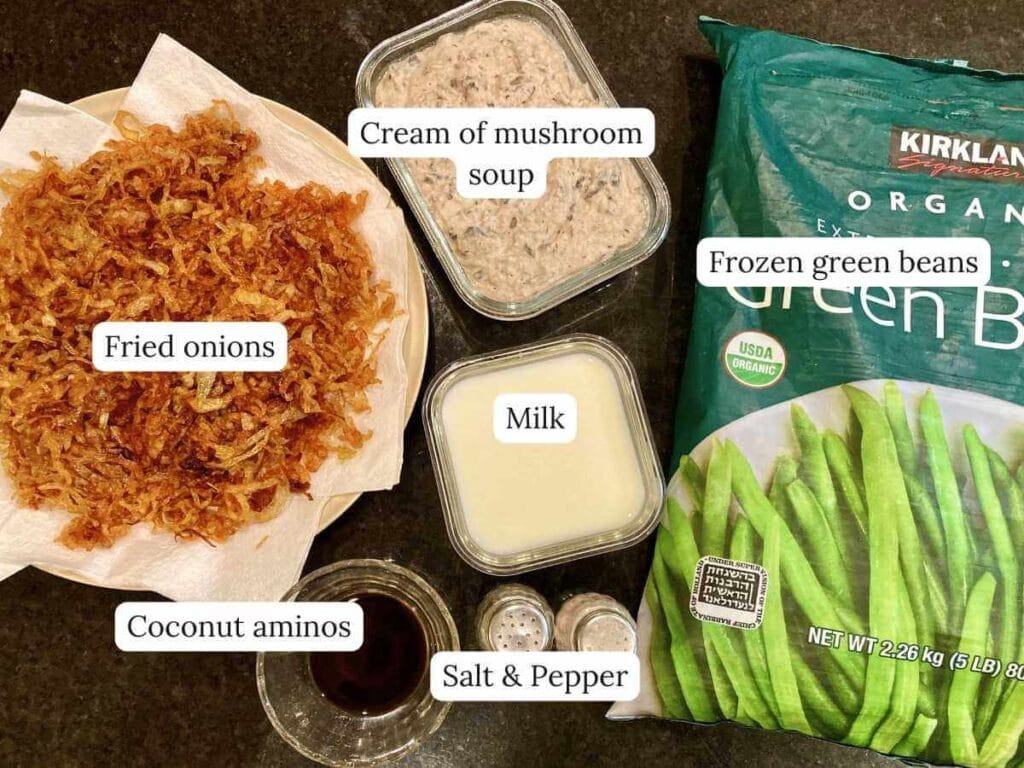 Ingredients for green bean casserole on counter