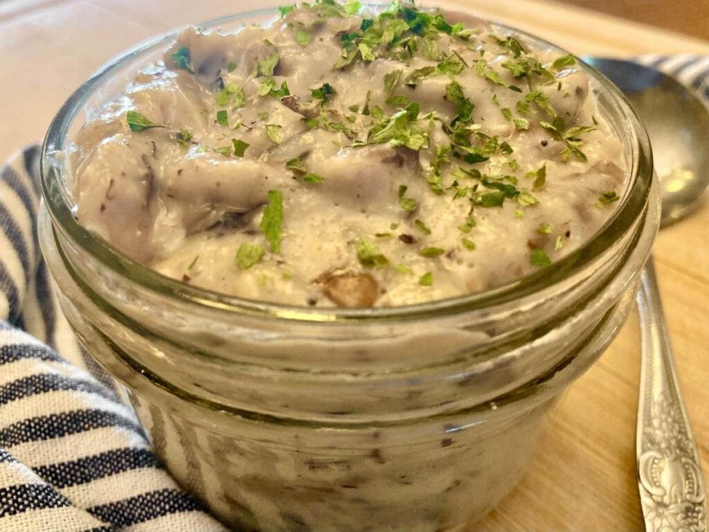 close up of gluten-free cream of mushroom soup in jar