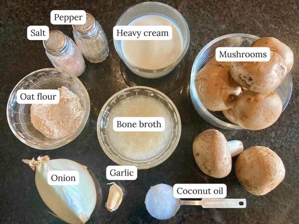 Ingredients for gluten-free cream of mushroom soup on counter