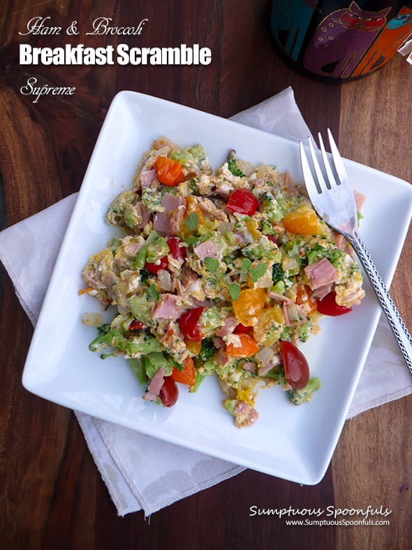 Ham and broccoli breakfast scramble on a plate