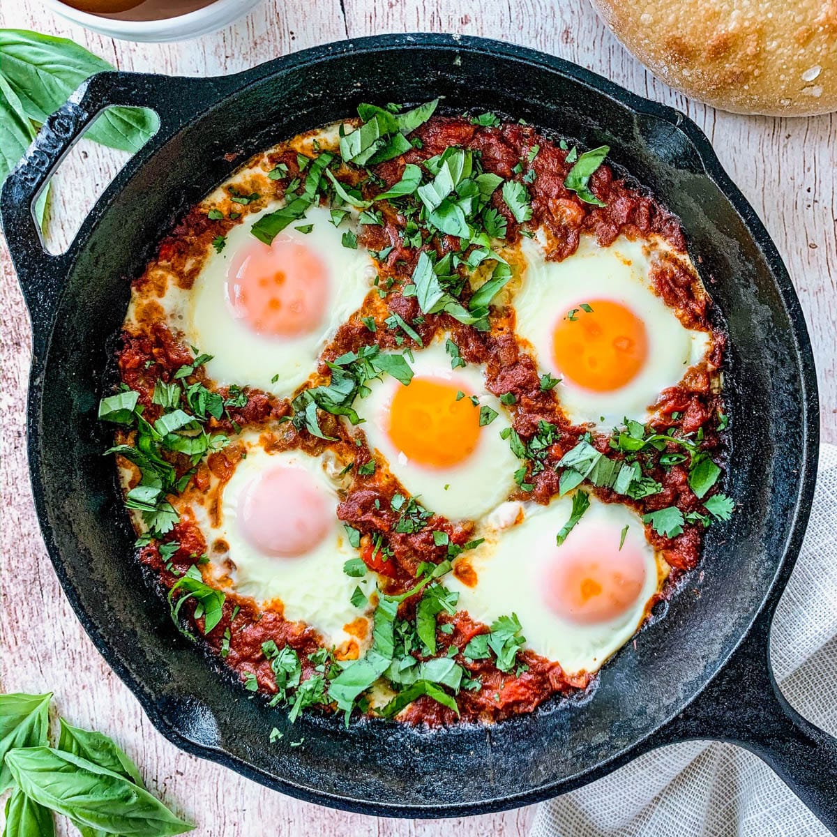 Turkish shakshuka in a cast iron skillet