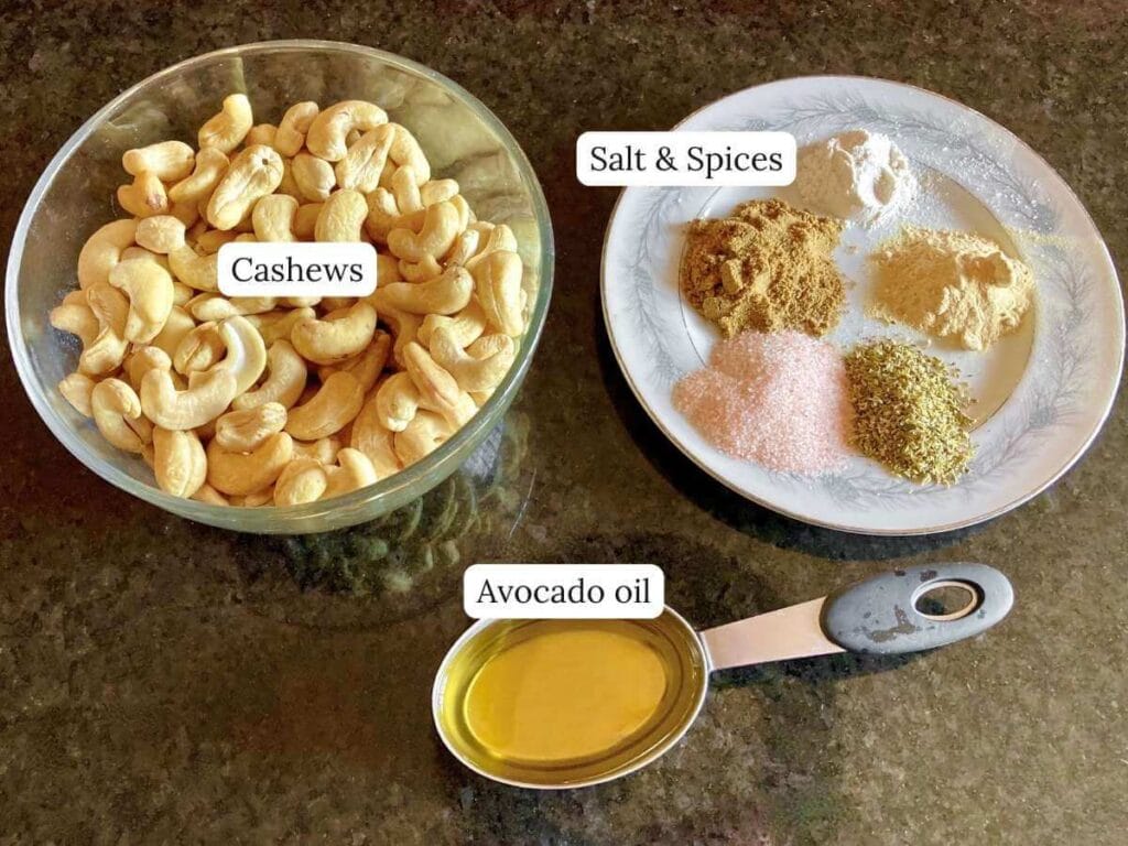 Ingredients for roasted cashews on counter