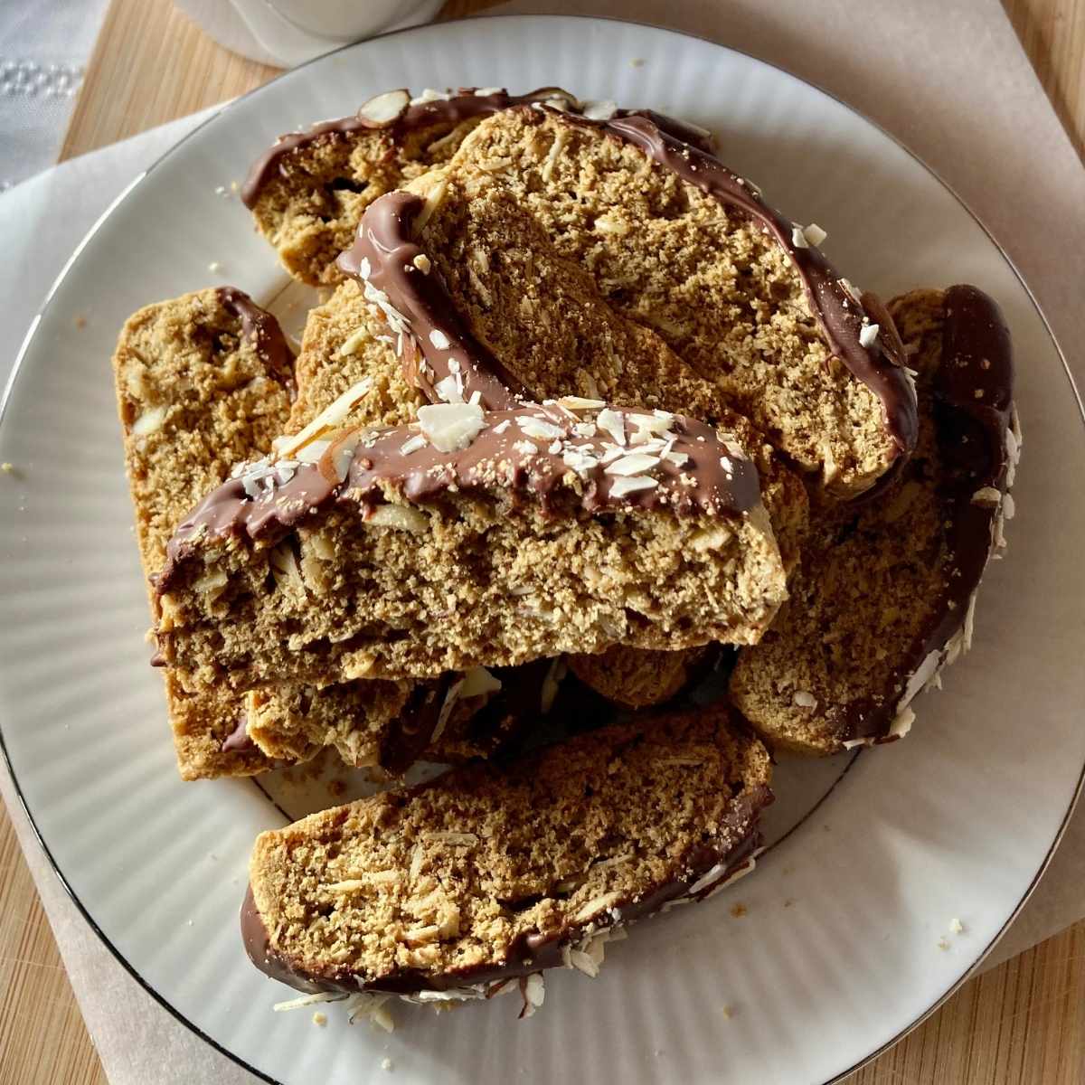Gluten-free chocolate almond biscotti stack on plate