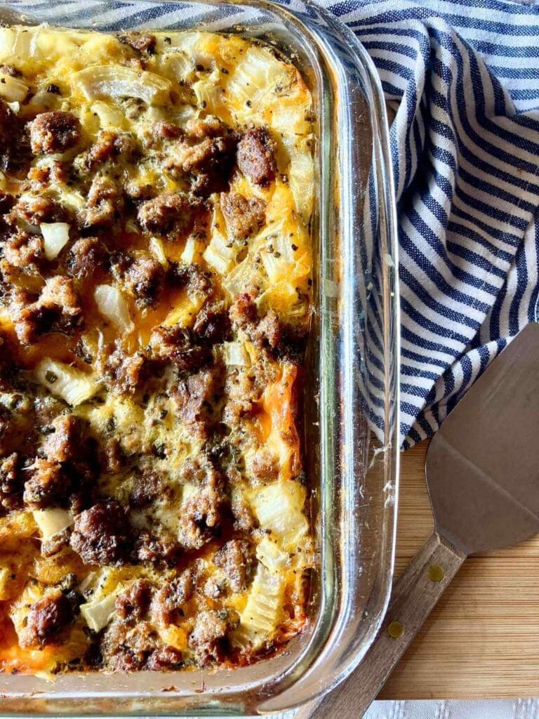 Close up of healthy egg strata in glass bakeware.