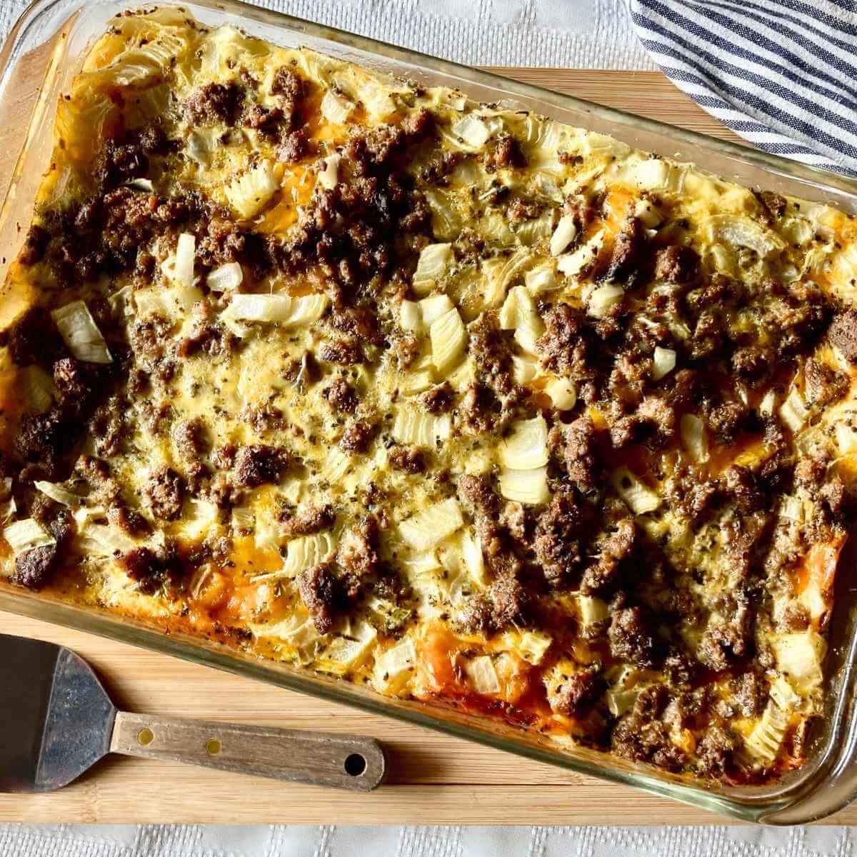 Healthy egg strata in a glass baking dish.