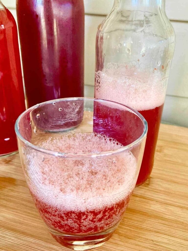 Water kefir fizzing in glass and bottle