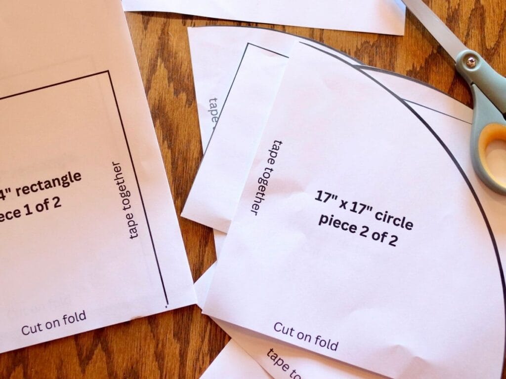 Printable patterns for beeswax food wraps and scissors on a table.