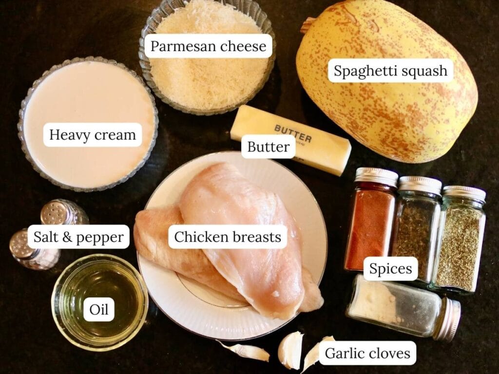 Ingredients for chicken Alfredo spaghetti squash on a counter
