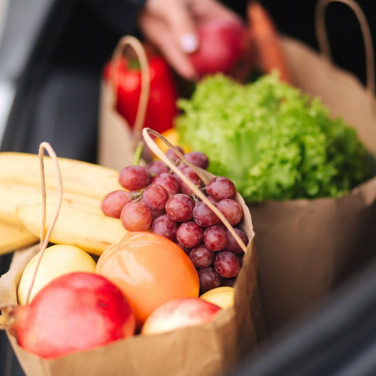 two paper grocery bags filled with fruits and vegetables