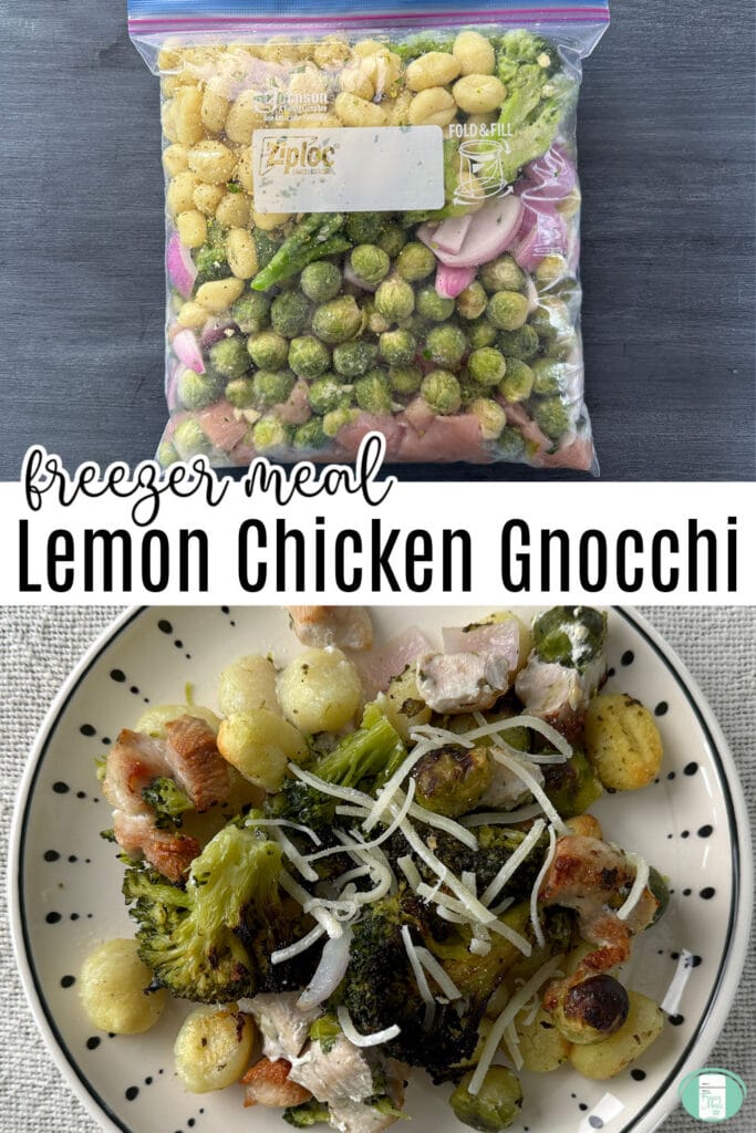 lemon chicken gnocchi in a freezer bag and cooked on a plate