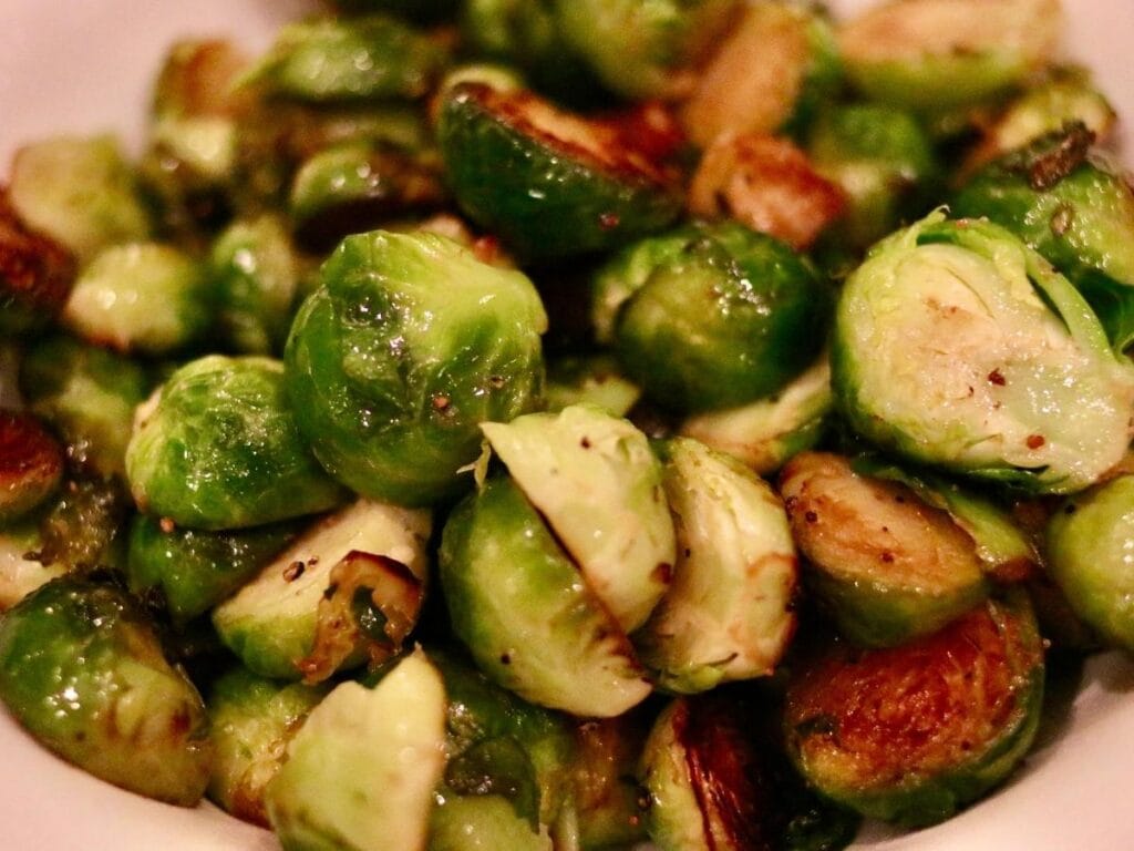 closeup of stovetop Brussels sprouts