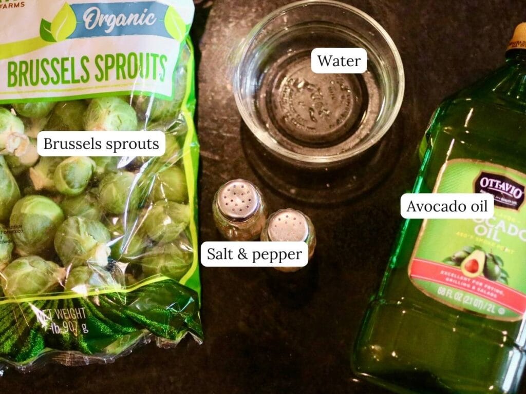 Ingredients for stovetop Brussels sprouts on counter