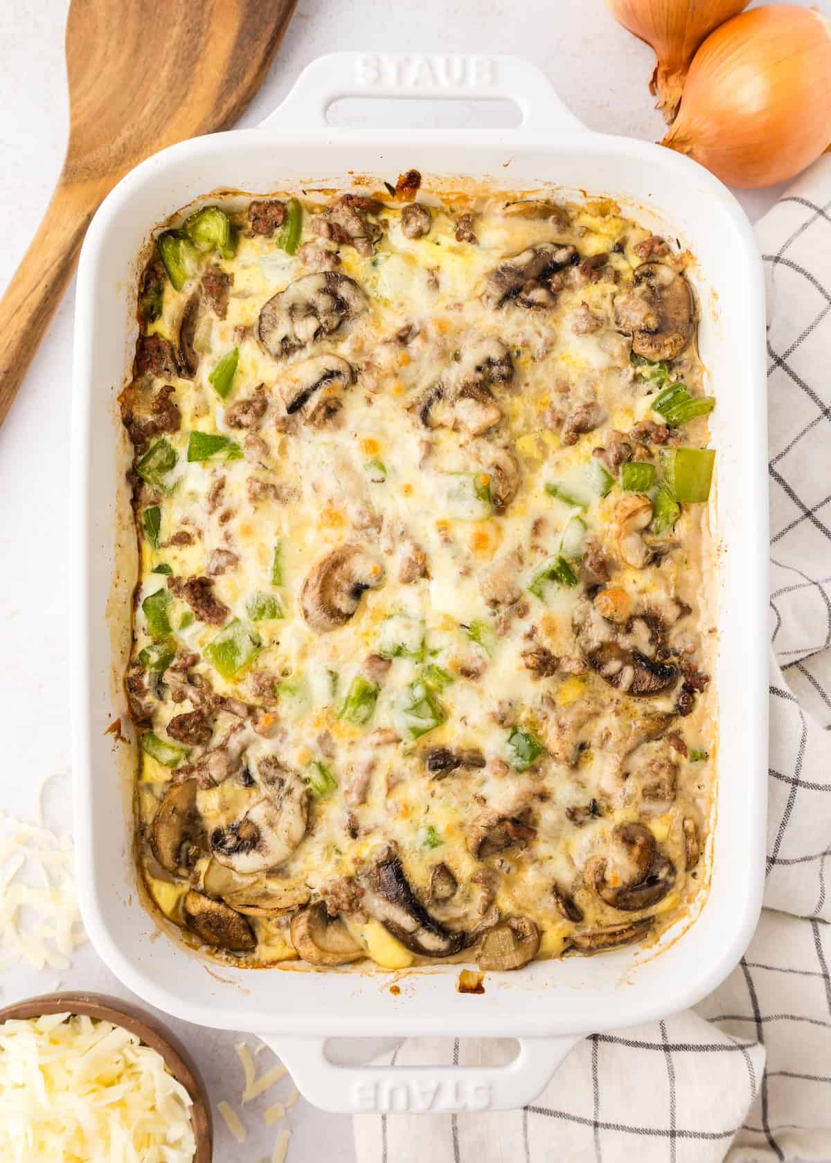 Philly cheesesteak casserole in baking dish