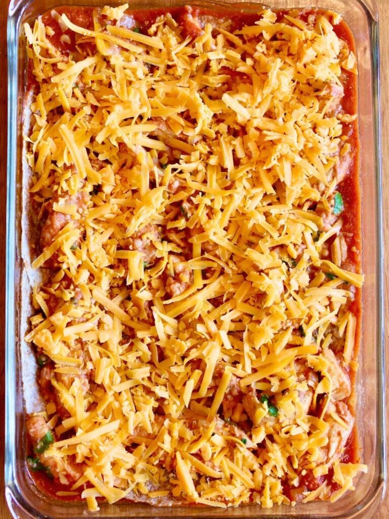 One layer of chicken enchilada casserole in a baking dish.