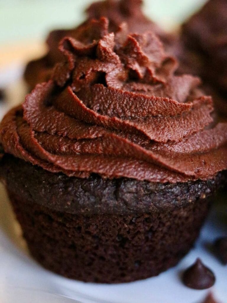 Closeup of a gluten-free vegan chocolate cupcake.