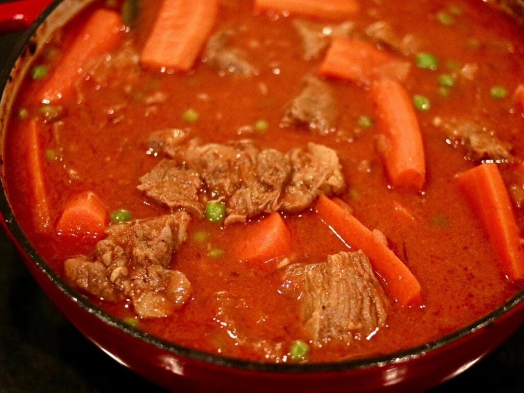 Indian beef curry in a Dutch oven.