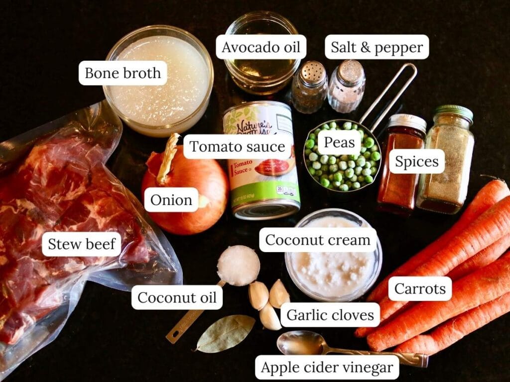 Ingredients for Indian beef curry on a counter.