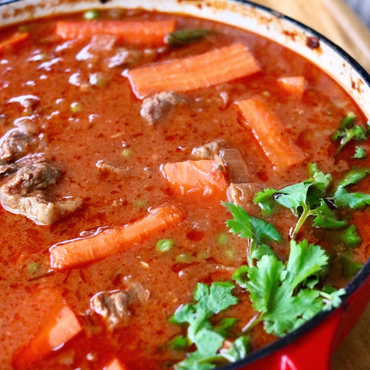 Closeup of Indian beef curry with fresh cilantro.