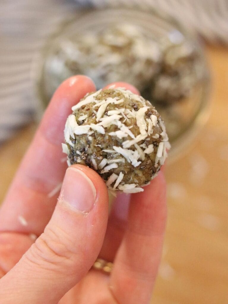 Hand holding oat-free protein ball with dates.