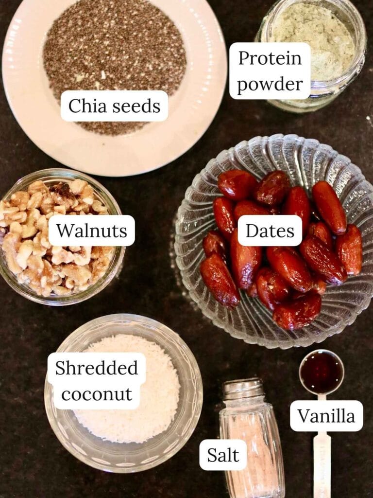 Ingredients for oat-free protein balls with dates on a counter.